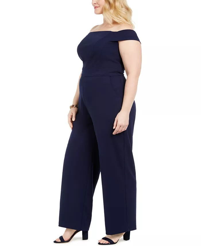 Teeze Me Women's Trendy Plus Size Off-The-Shoulder Jumpsuit Navy Size 22