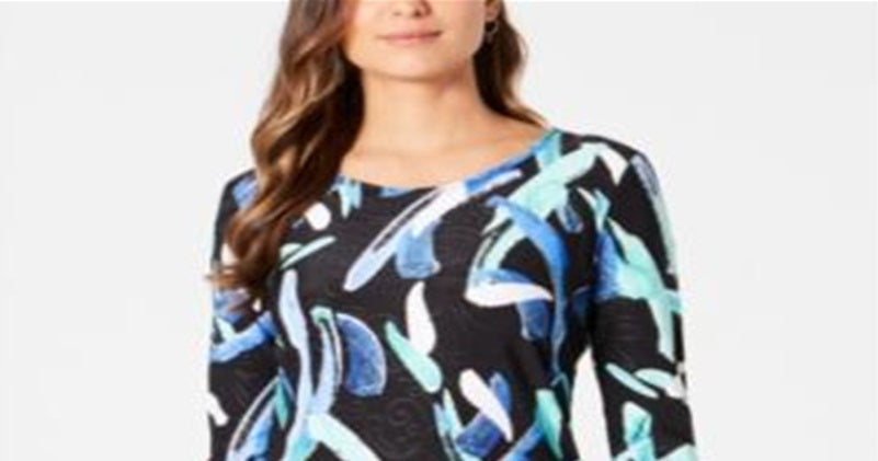 JM Collection Women's 3/4 Sleeve Printed Jacquard Top Black Multi Size Petite L