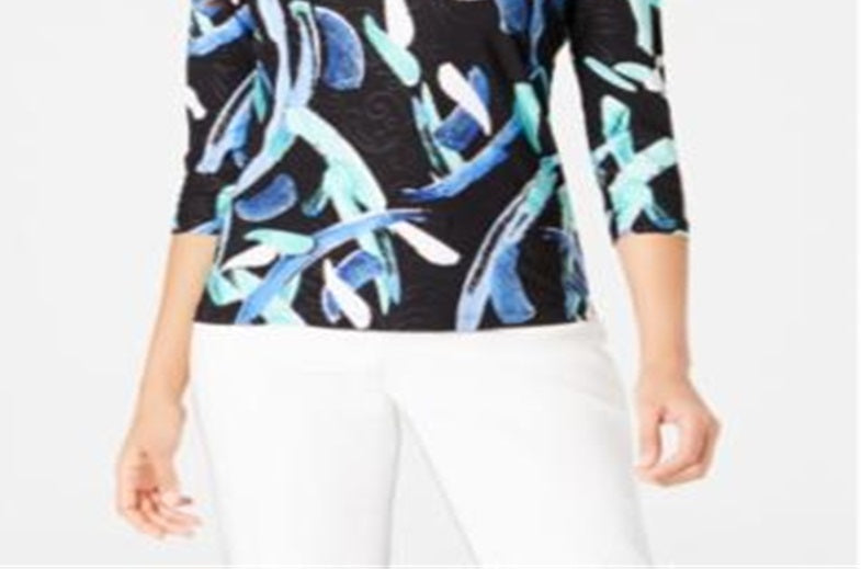 JM Collection Women's 3/4 Sleeve Printed Jacquard Top Black Multi Size Petite L