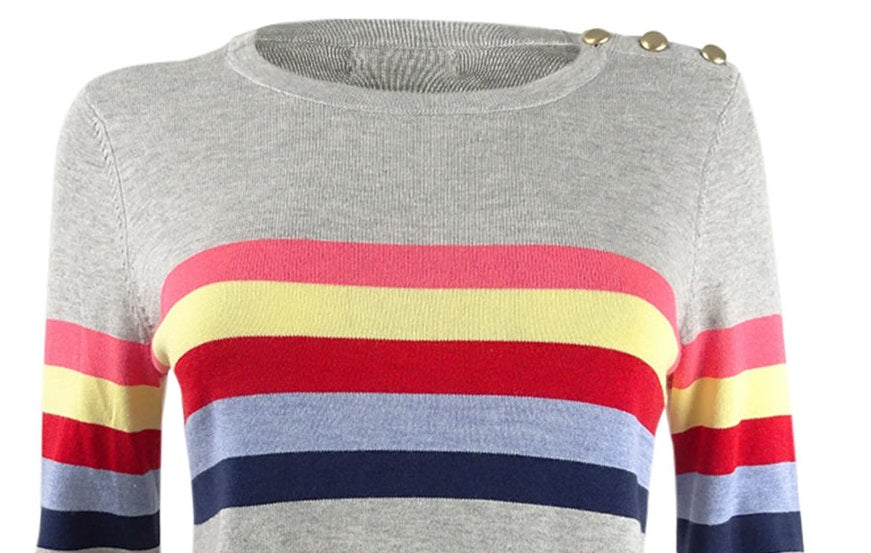 Charter Club Women's Shoulder Button Striped Sweater Gray Size Medium
