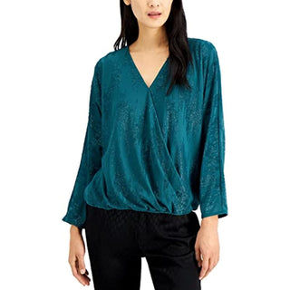 Alfani Women's  Surplice Long Sleeve Top Plus Teal Size 0X