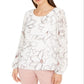 Alfani Women's Floral Print Pleat Sleeve Top White Size Petite Small