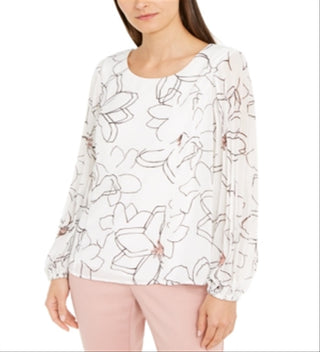 Alfani Women's Floral Print Pleat Sleeve Top White Size Petite Small