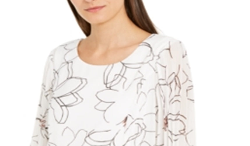 Alfani Women's Floral Print Pleat Sleeve Top White Size Petite Small
