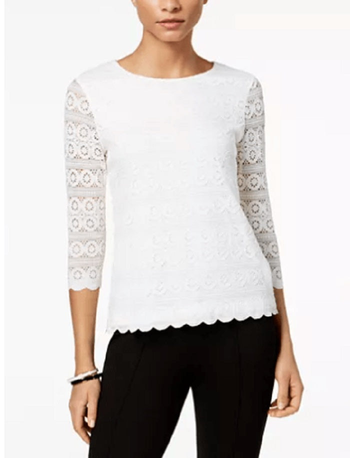 Charter Club Women's Lace 3/4-Sleeve Top White Size Petite Small