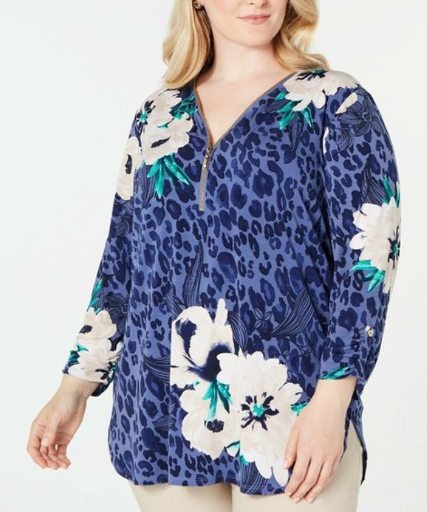 JM Collection Blouse Women's Purple Cheetah Print Floral Zip Size Extra Large