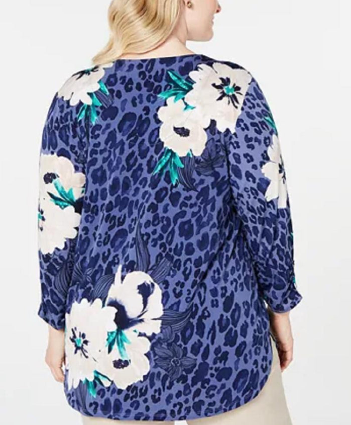 JM Collection Blouse Women's Purple Cheetah Print Floral Zip Size Extra Large