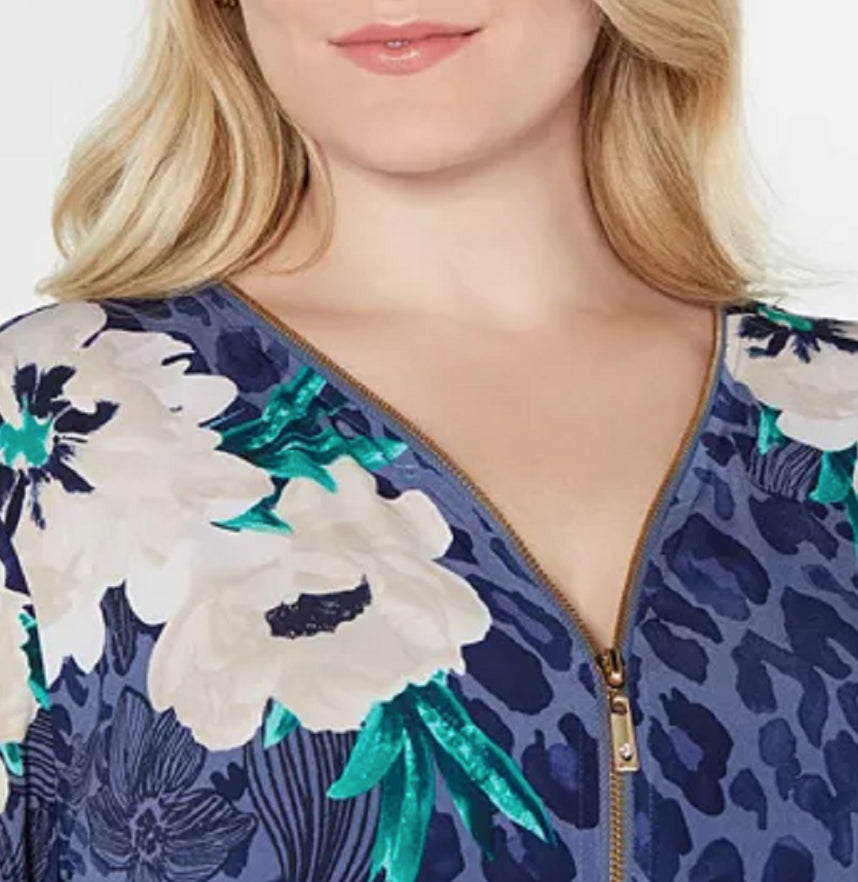 JM Collection Blouse Women's Purple Cheetah Print Floral Zip Size Extra Large