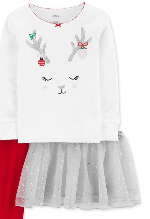 Carter's Girls' Tutu Skirts and Pettiskirts Reindeer Pajama Set White Size 18 Months