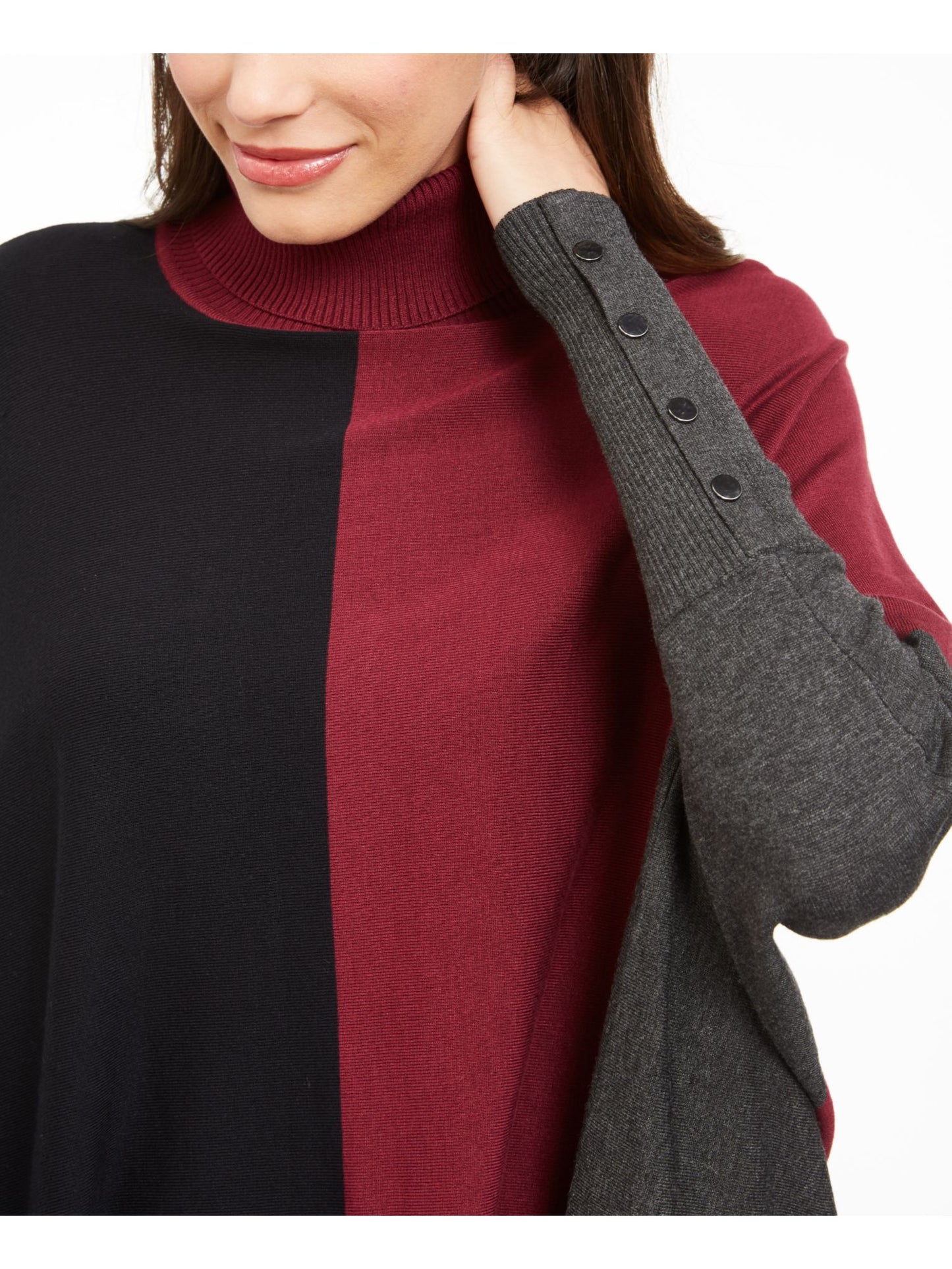 Signature Women's Turtleneck Colorblock Poncho Sweater Black/Wine Size Petite S/M