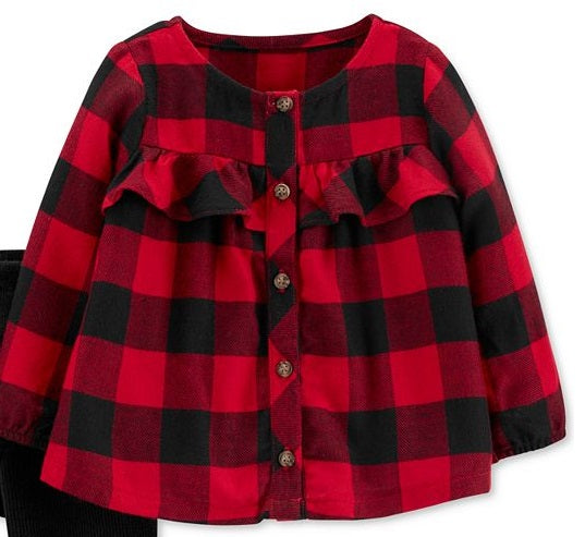 Carter's Baby Girls 2-Pc. Buffalo-Check Top & Velour Pants Set Red Size Newborn