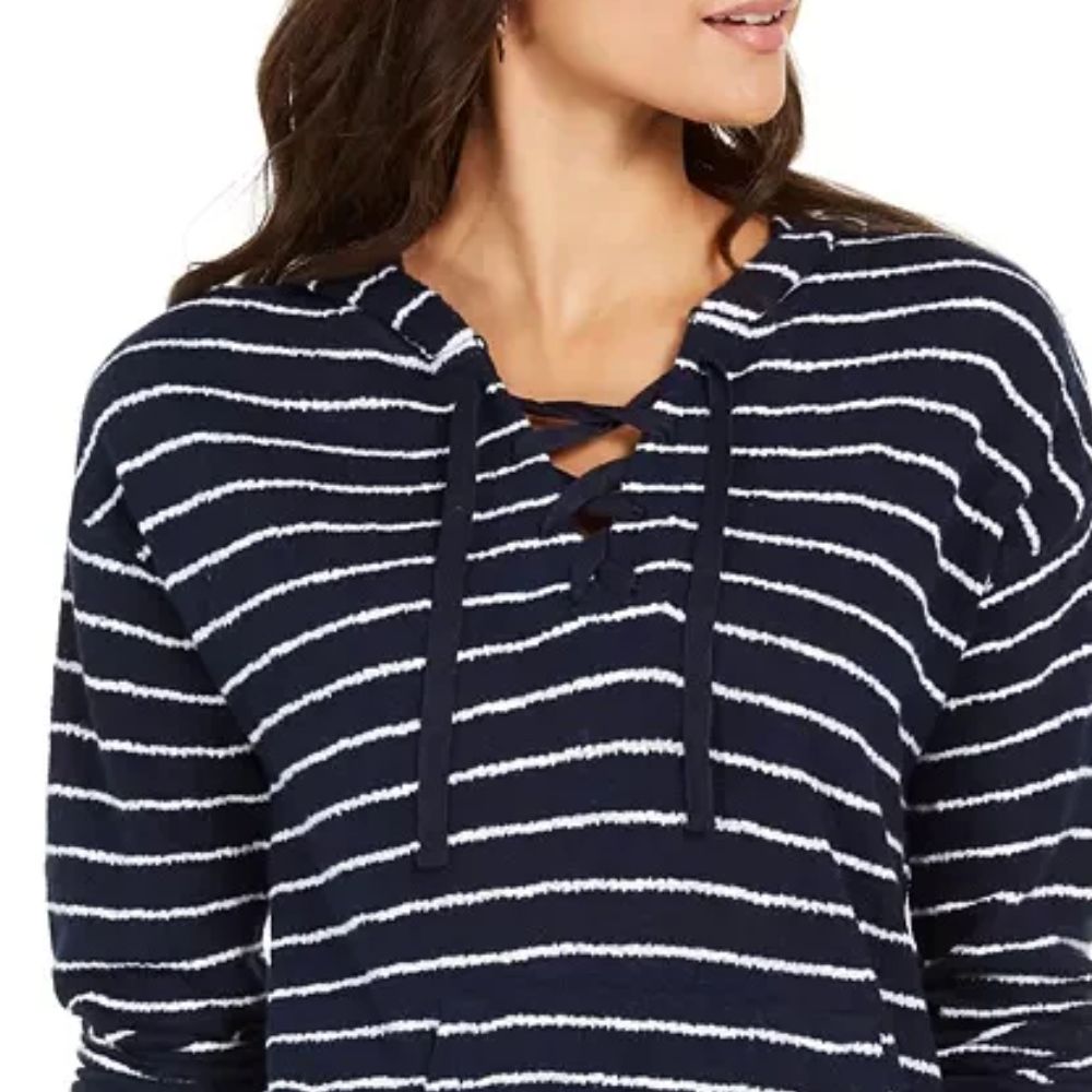 Style & Co Women's Striped Lace up Hoodie Blue Size X-Large