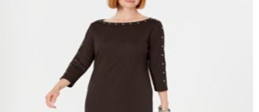 Karen Scott Women's Boat Neck Studded Dress Brown Size Petite Medium