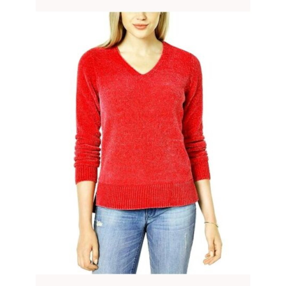 Maison Jules Women's Long Sleeve V Neck Hoodie Sweater Red Size Large