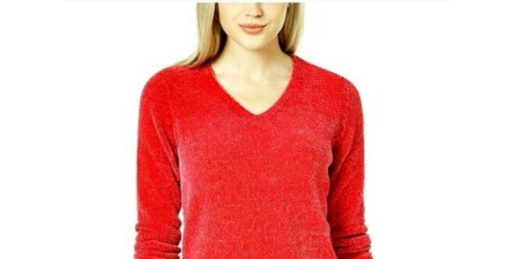 Maison Jules Women's Long Sleeve V Neck Hoodie Sweater Red Size Large