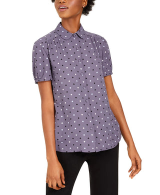 Anne Klein Women's Dot-Print Peter-Pan-Collar Button-Up Blouse Grey Size XXS