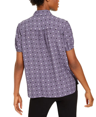 Anne Klein Women's Dot-Print Peter-Pan-Collar Button-Up Blouse Grey Size XXS