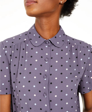 Anne Klein Women's Dot-Print Peter-Pan-Collar Button-Up Blouse Grey Size XXS