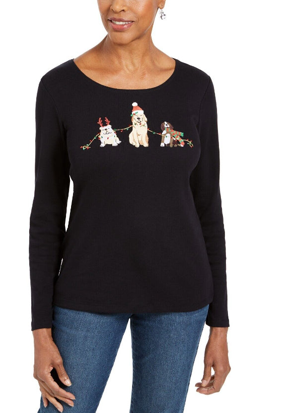 Karen Scott Women's Embroidered Holiday Dog Shirt  Black Size Large