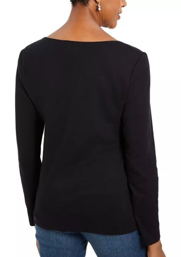Karen Scott Women's Embroidered Holiday Dog Shirt  Black Size Large