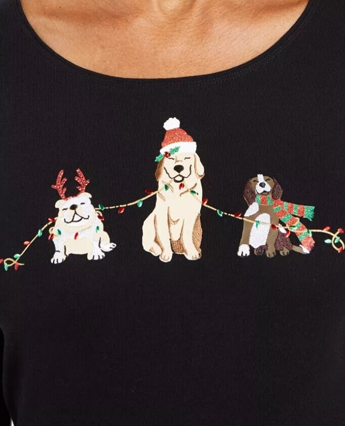 Karen Scott Women's Embroidered Holiday Dog Shirt  Black Size Large
