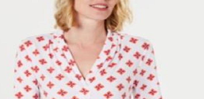 Charter Club Women's Pleated V Neck Printed Knit Shirt White Size X-Large