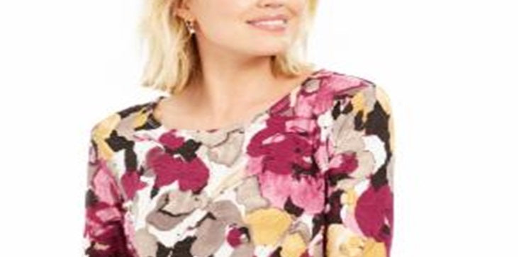 JM Collection Women's Printed Jacquard Top Purple Size Petite XL