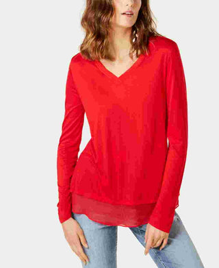 INC International Concepts Women's Sheer Trim Basic T Shirt Red Size Medium