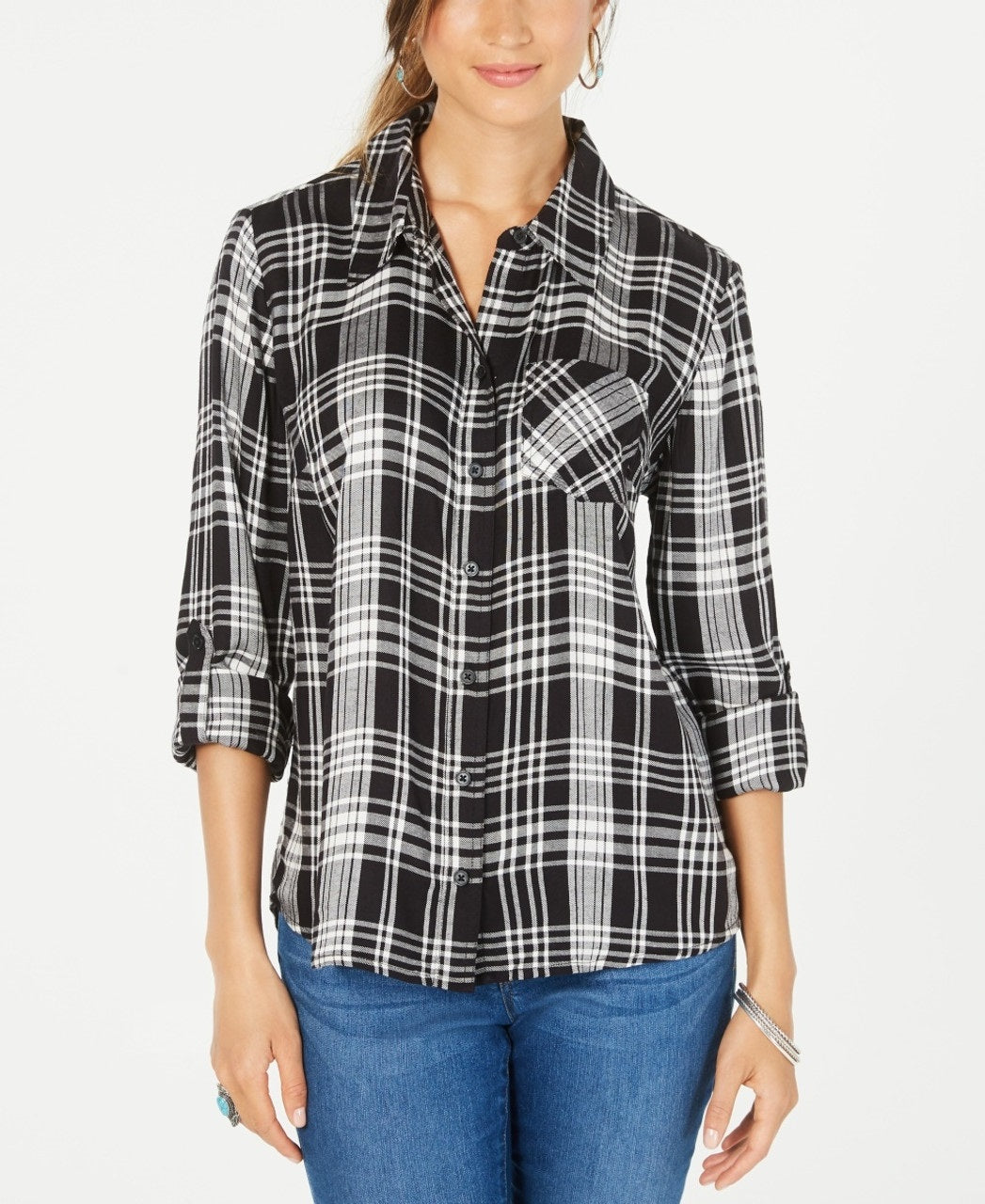 Style & Co Women's Cotton Tab Sleeve Plaid Shirt  Black Size PP