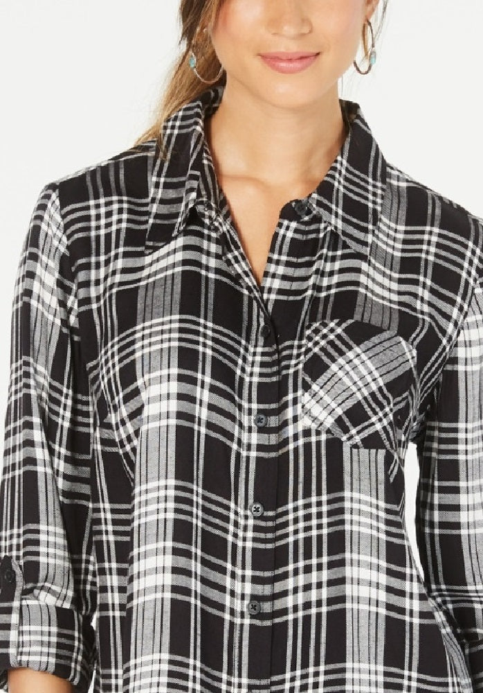 Style & Co Women's Cotton Tab Sleeve Plaid Shirt  Black Size PP