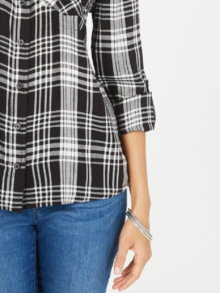 Style & Co Women's Cotton Tab Sleeve Plaid Shirt  Black Size PP