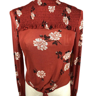 American Rag Shirt Blouse Floral Juniors Womens Smocked Neck Chili Pepper Red Size M