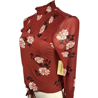 American Rag Shirt Blouse Floral Juniors Womens Smocked Neck Chili Pepper Red Size M