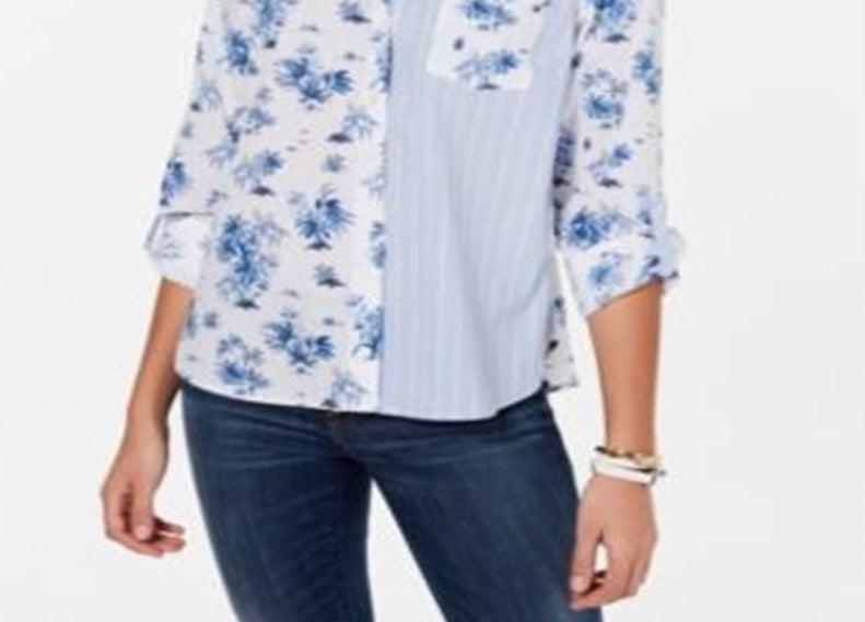 Tommy Hilfiger Women's Double Print Cotton Shirt Blue Size X-Large