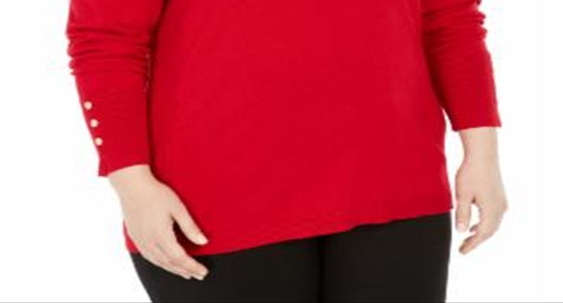 JM Collection Women's Plus Button Cuff V Neck Sweater Red Size 3X