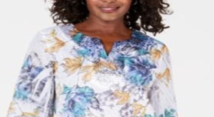 JM Collection Women's Printed Studded Top Blue Size Medium