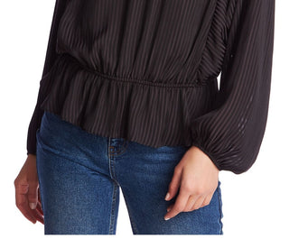 1.STATE Women's Long Sleeve Jewel Neck Peplum Top Black Size Large