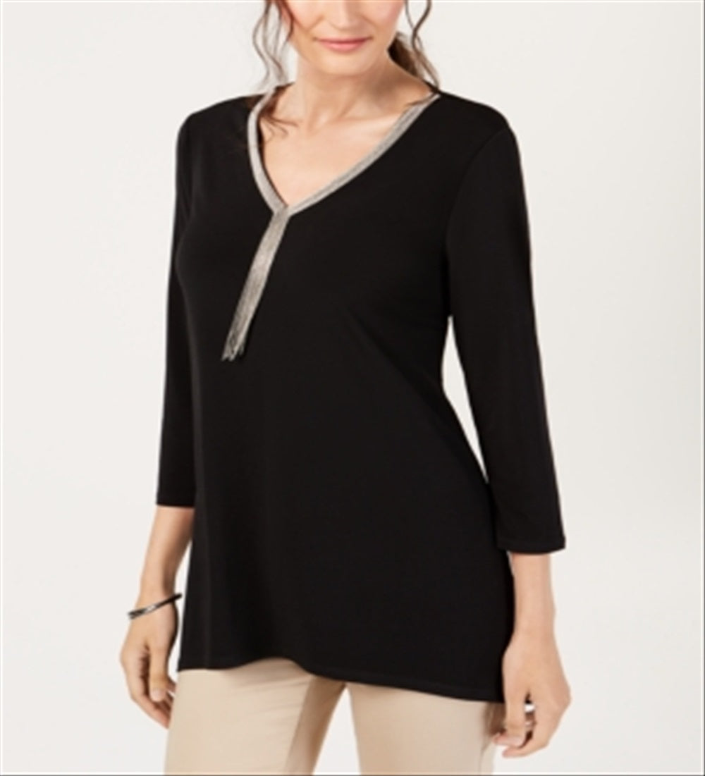 JM Collection Women's Beaded V Neck Tunic Black Size X-Small