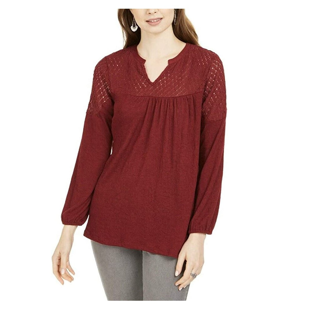 Style & Co Women's Petite Lace-Shoulder Top  Red Size