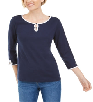 Karen Scott Women's Contrast Trim Cotton Top Blue Size Medium