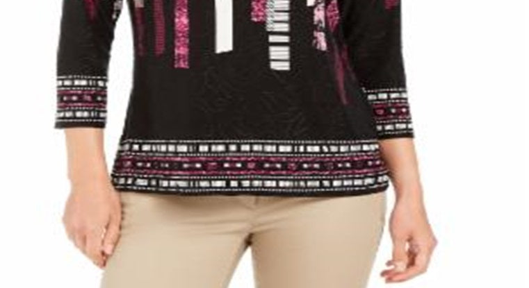 JM Collection Women's Printed Jacquard Top Black Size Medium