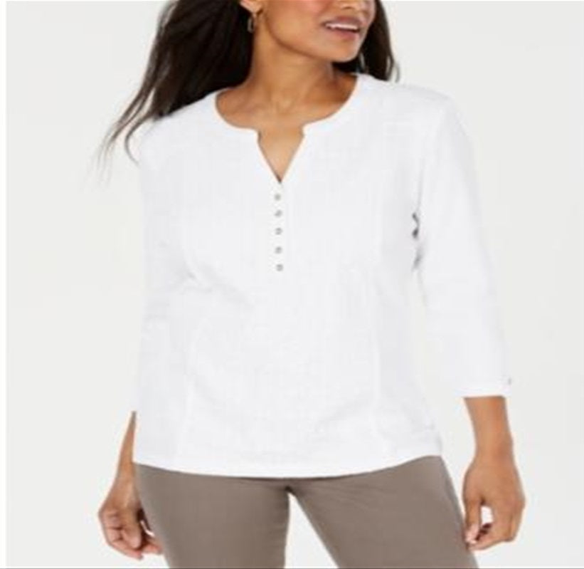 Karen Scott Women's Lace Front Henley Top White Size XX-Large