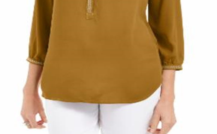 JM Collection Women's Studded Button Cuff Top Yellow Size Petite Medium