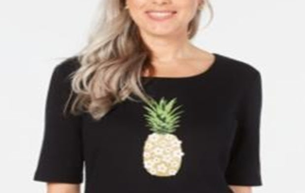 Karen Scott Women's Cotton Pineapple Graphic Print T-Shirt Black Size X-Large