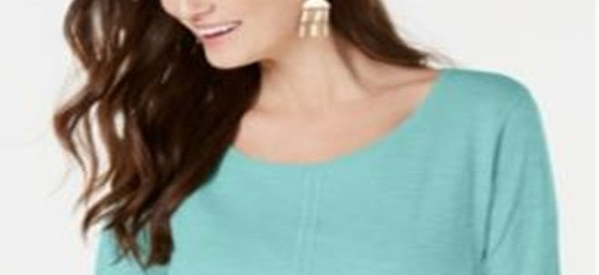 Style & Co Women's Crochet Trim Bell Sleeve Top Teal Size Petite S