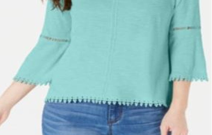 Style & Co Women's Crochet Trim Bell Sleeve Top Teal Size Petite S