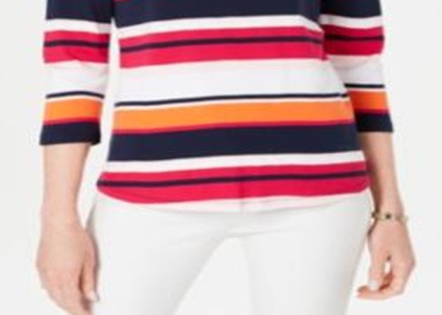 Charter Club Women's Cotton Striped Boat Neck Top Pink Combo  Size Petite S/M