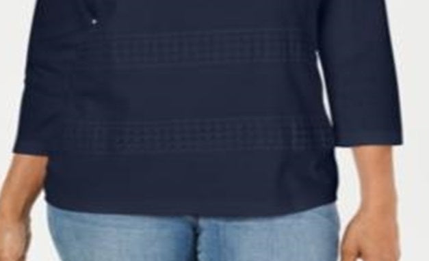 Karen Scott Women's Square Neck Lace Stripe Top Blue Size Medium