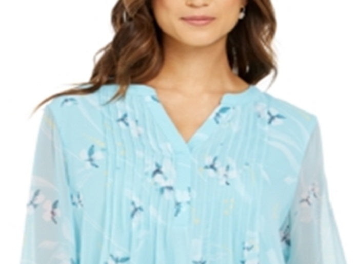 Charter Club Women's Double Ruffle Printed Pintuck Top Blue Size X-Small