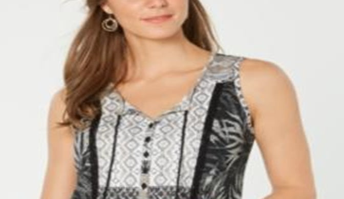Style & Co Women's Mixed Print Top Black Mulit  Size Petite L